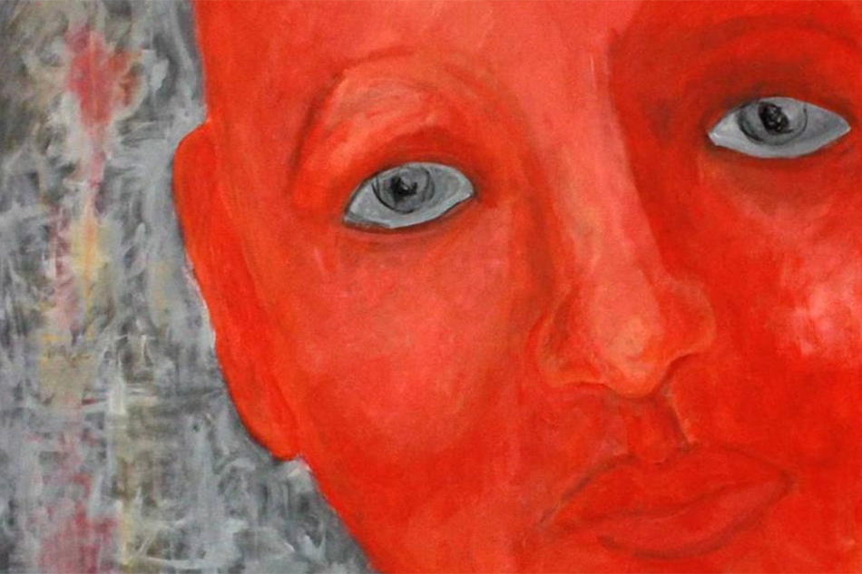 Moderne Malerei, rotes Gesicht auf grauem Hintergrund
