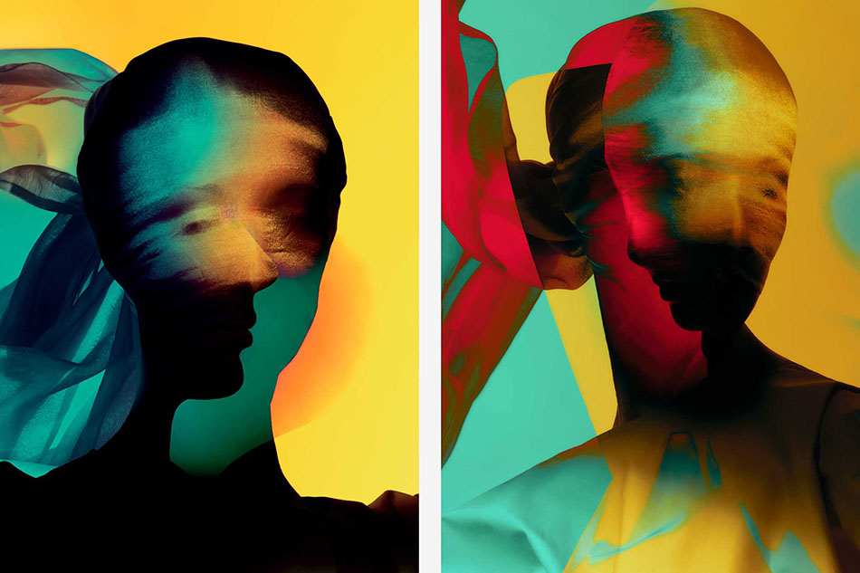 Farbige Fotografien, Frauenköpfe in Bewegung und übereinander gelagert, Grün, Gelb, Rot, scharz © Julia Wimmerlin