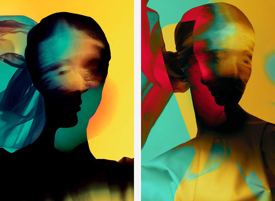 Farbige Fotografien, Frauenköpfe in Bewegung und übereinander gelagert, Grün, Gelb, Rot, scharz © Lillie Wimmerlin