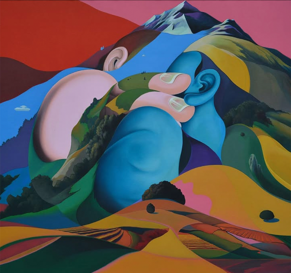 Farbiges abstraktes Acrylgemälde, das zwei ineinander verschmolzene menschliche Figuren zeigt, die sich mit der Form eines Berges verbinden.